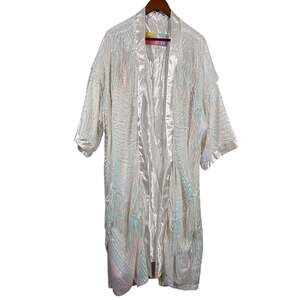 Fringe + Co Womens Large White Iridescent Sequin Fringe Duster Kimono Festival